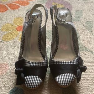 Womens platform slingback heels, Checkered black and white with a black bow